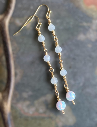 Moonstone Long Elegant Earrings in Gold, Wired Wrapped Opal Dangling Earrings, June Birthstone Earrings, October Birthstone Earrings