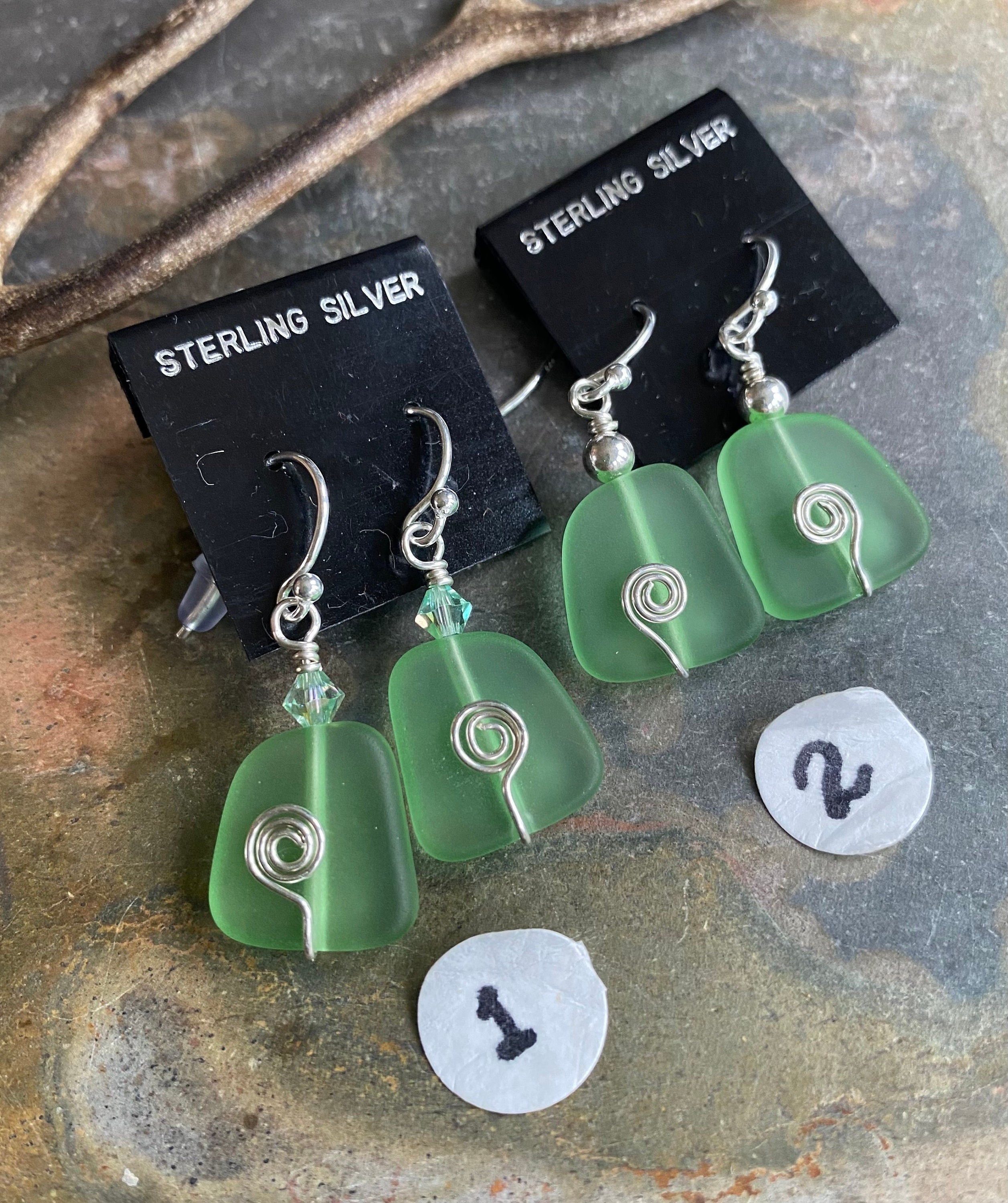 STERLING SILVER Green Sea Glass Earrings, Light Green  Sea Glass Earrings, Beach Weddings, Beach Glass Jewelry, Peridot Sea glass Earrings,