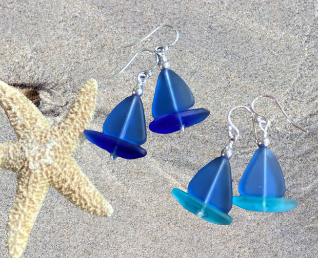 Light Sapphire Blue Sea Glass Earrings, STERLING SILVER Sailboat Sea Glass Earrings, Blue Sea Glass Earrings, Beach Weddings,, Sea glass