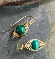 May Birthstone Malachite Earrings in Gold, Hand Wire Wrapped Malachite Dangling Earrings in Natural Copper, Green Malachite Gold Jewelry,