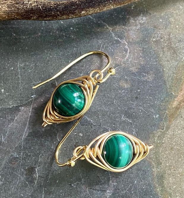 May Birthstone Malachite Earrings in Gold, Hand Wire Wrapped Malachite Dangling Earrings in Natural Copper, Green Malachite Gold Jewelry,
