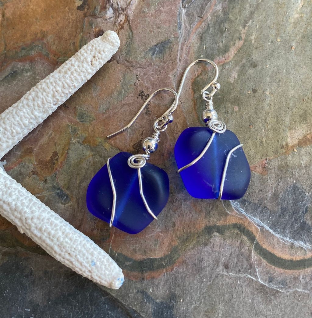 Unique artisan-crafted blue sea glass earrings, Cobalt Blue Sea Glass Earrings in Sterling Silver, Beach Weddings, Blue Sea glass Earrings,