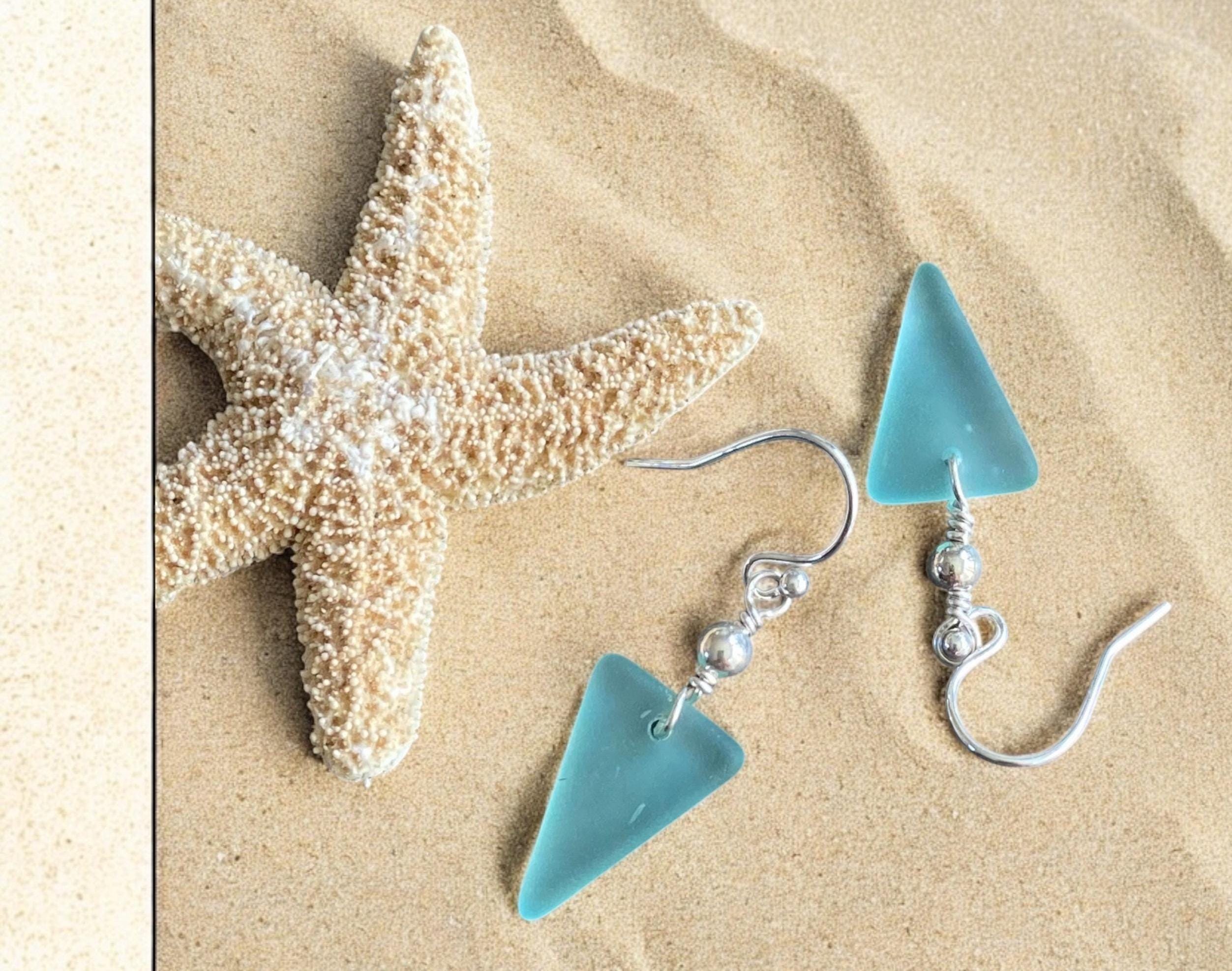 Seafoam Sea glass Triangle designed Earring in Sterling Silver, Wire Wrapped Sea Glass Earrings, Everyday Casual Dangling  Earrings,