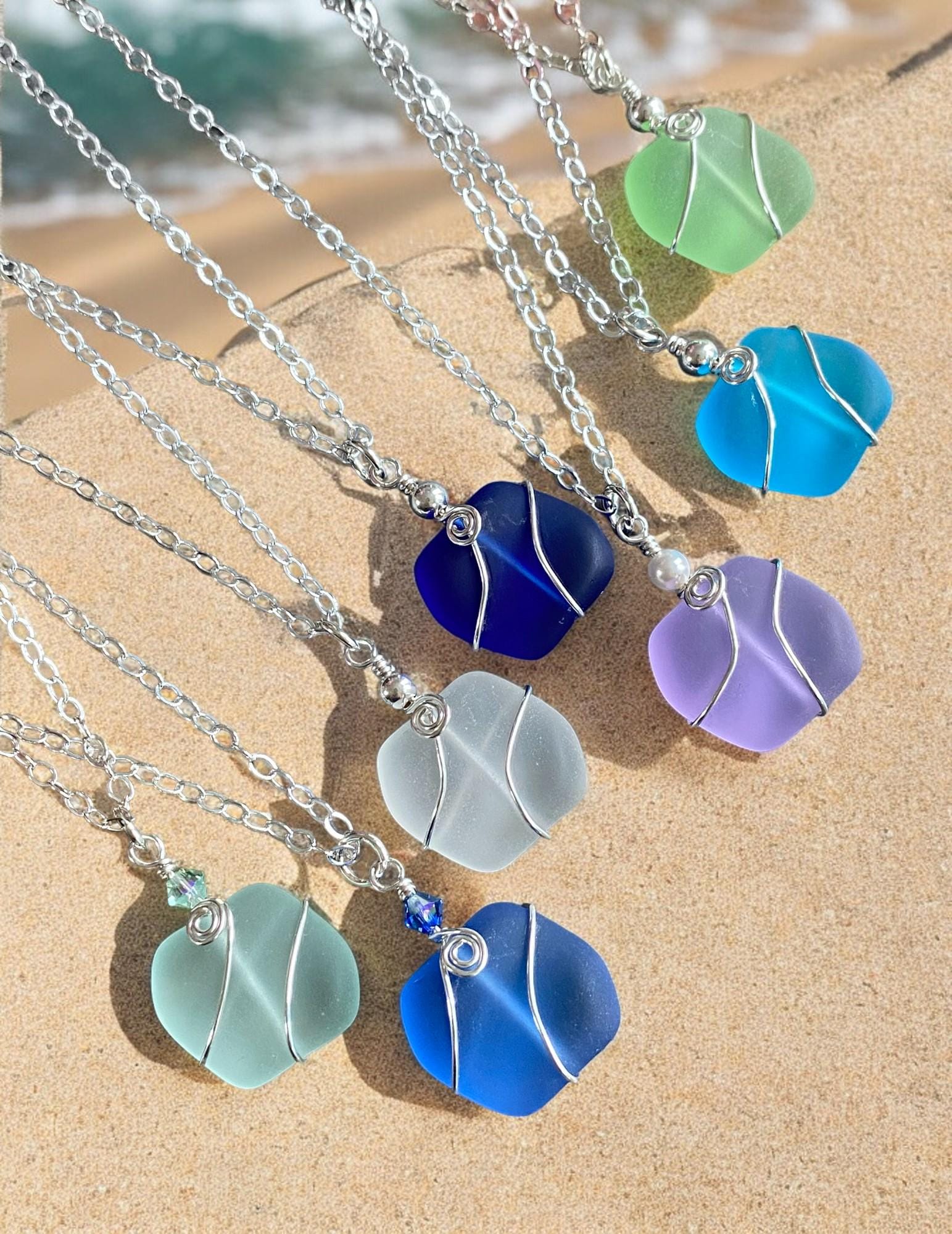 Sea Glass Pendant Necklace, Wire Wrapped Beach Glass Necklace, Sterling Silver Sea Glass, Blue, Green, Periwinkle & White Sea Glass Necklace