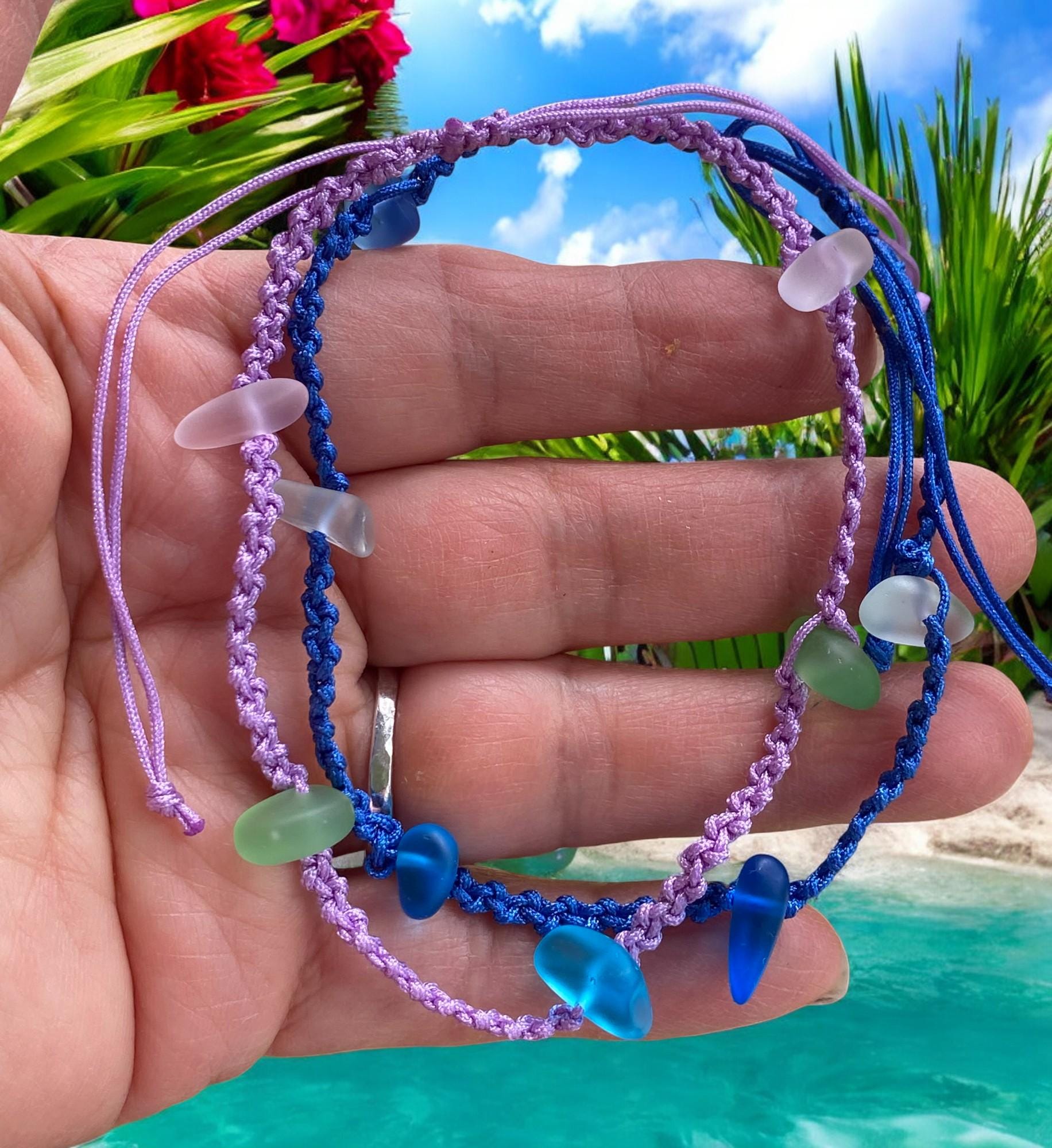 Adjustable Sea Glass Macrame Anklets, Sea Glass Ankle Bracelet, Blue Green Ankle Bracelet, Nautical Sea Glass Bracelet, Sea Glass Jewelry