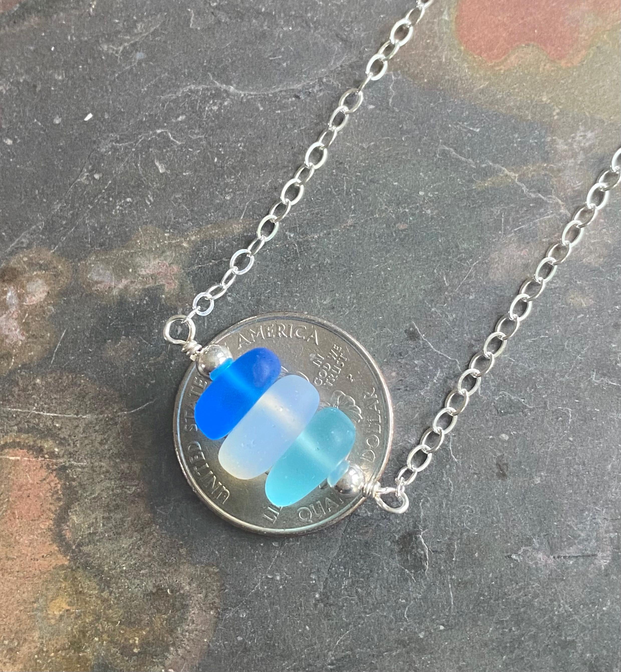 Sea Glass Necklace Beach Style Pendant with Sterling Silver Chain, Minimalist Design Ocean Light Weight Bohemian Necklace, Choose Colors