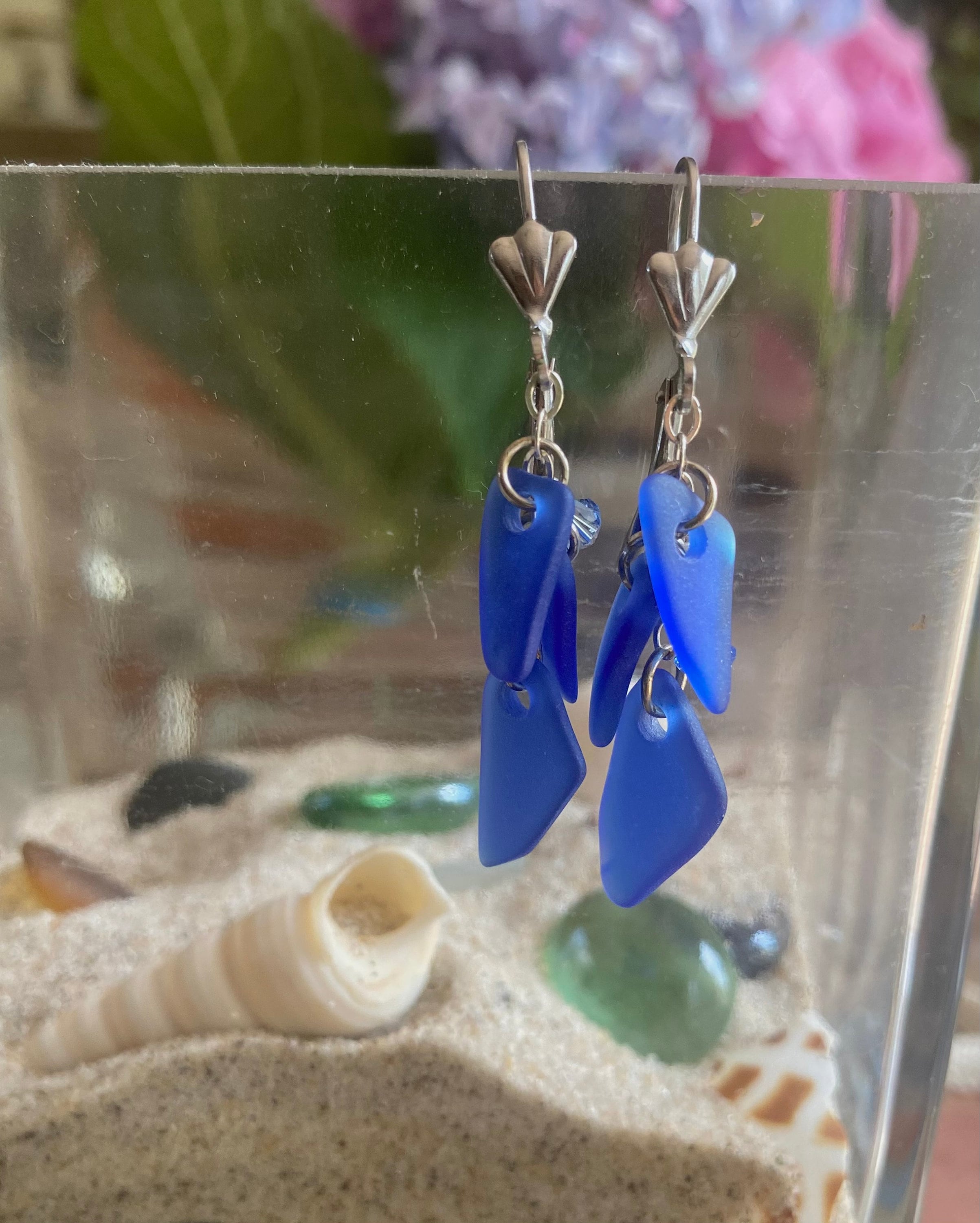 Blue Sea Glass Earrings in Sterling Silver, Blue Sea Glass Dangle Earrings, Beach Weddings, Blue earrings, Cobalt Sea glass Earrings,