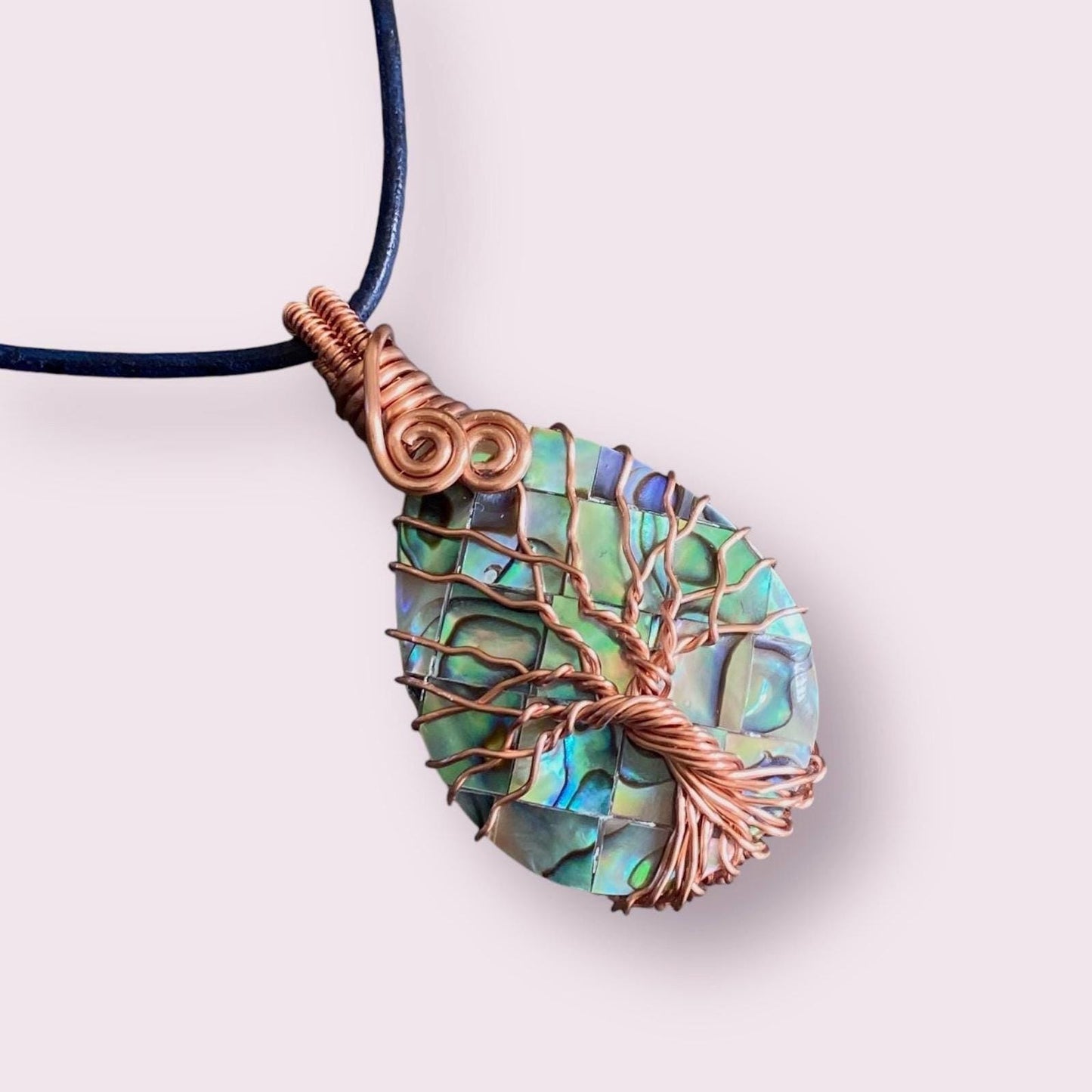 Frameless Abalone Necklace, Wire Wrapped Abalone Pendant,Abalone Tree of Life Necklace  Leather,Abalone Necklace Copper,Paua Shell Jewelry