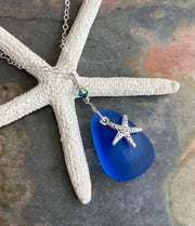 Beach Glass Necklace Starfish Charm in .925 Sterling Silver, Blue Sea Glass Necklace, Starfish Necklace, Wire Wrapped Blue Sea Glass Pendant