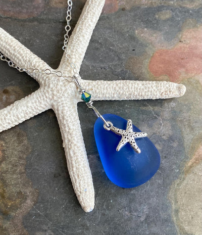 Beach Glass Necklace Starfish Charm in .925 Sterling Silver, Blue Sea Glass Necklace, Starfish Necklace, Wire Wrapped Blue Sea Glass Pendant