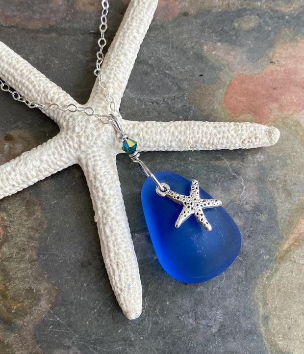 Beach Glass Necklace Starfish Charm in .925 Sterling Silver, Blue Sea Glass Necklace, Starfish Necklace, Wire Wrapped Blue Sea Glass Pendant