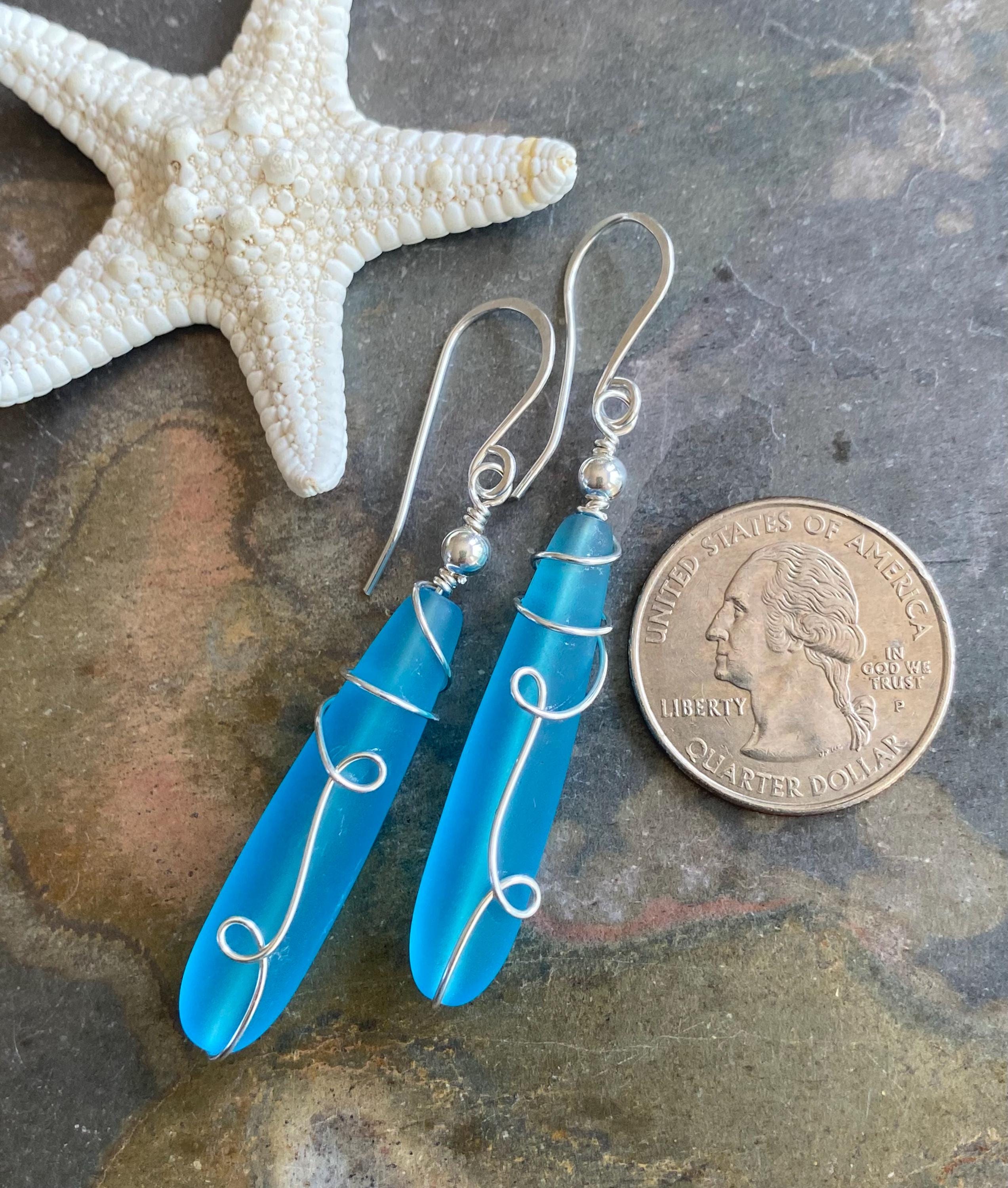 Wire wrapped Long Sea Glass Earrings in Sterling Silver, Pacific Blue Sea Glass Silver Earrings,Beach Weddings,Sea Glass Jewelry,Beach Glass