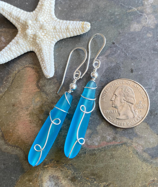 Wire wrapped Long Sea Glass Earrings in Sterling Silver, Pacific Blue Sea Glass Silver Earrings,Beach Weddings,Sea Glass Jewelry,Beach Glass
