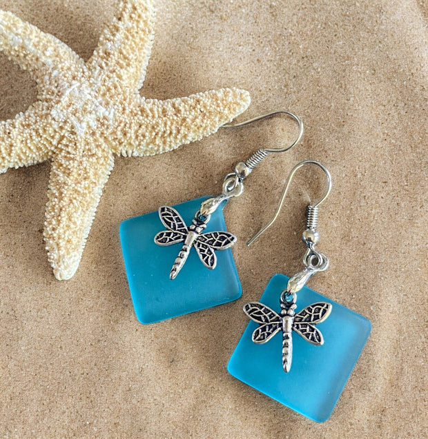 Dragonfly Sea Glass Earrings,Sea Beach Glass Dragonfly Earrings, Turquoise Blue Sea Glass Earrings, Dragonfly Earrings, Fantasy Earrings
