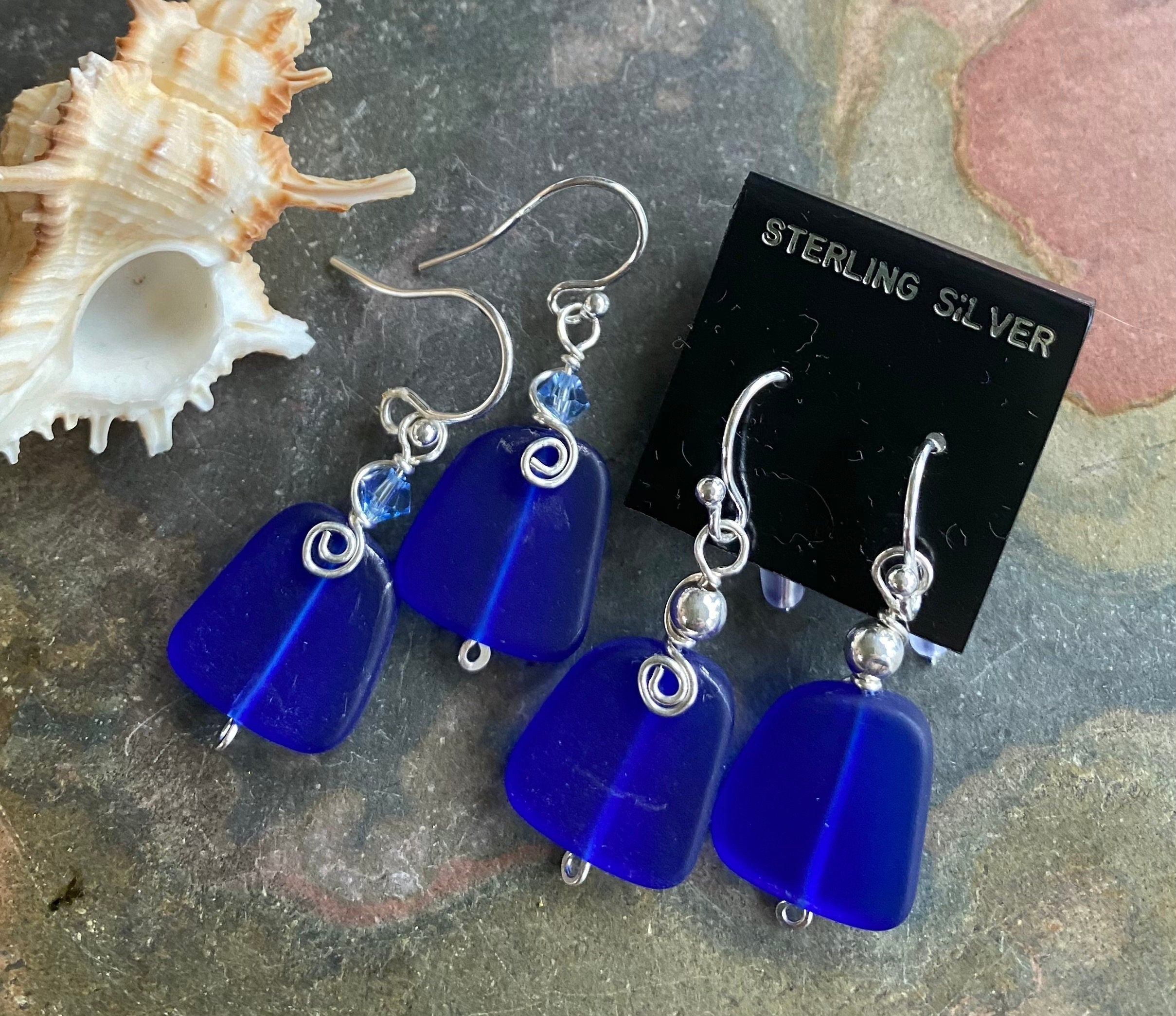 Cobalt Blue Beach Glass Earrings in STERLING SILVER, Blue Sea Glass Earrings,Beach Weddings, Beach Glass Jewelry, Cobalt Sea glass Earrings,