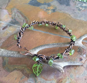 Wire Wrapped Antiqued Copper Bracelet,Adjustable Peridot Bangle/Cuff Leaf bracelet