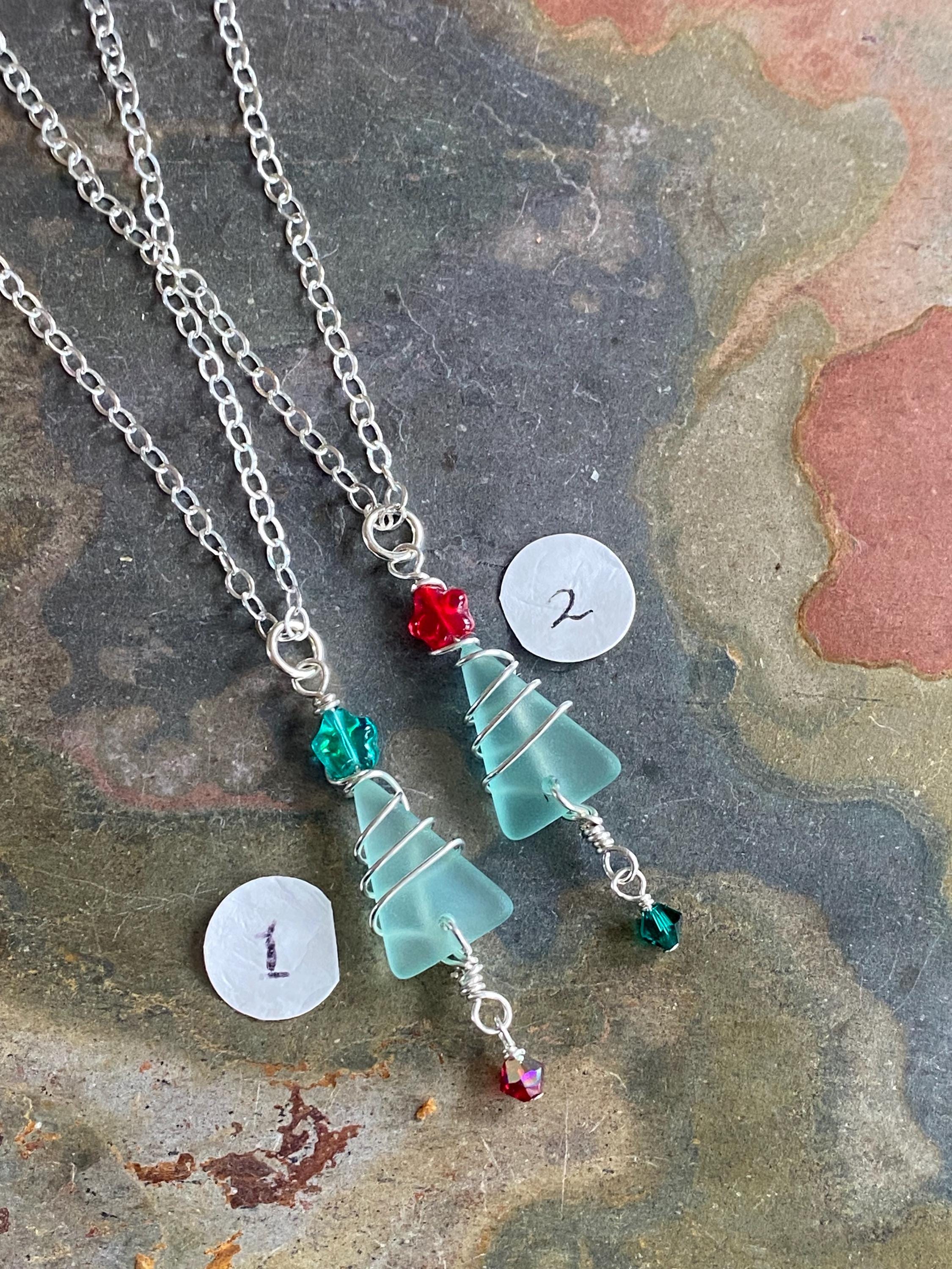 Sterling Silver Wired Christmas Tree Necklace, Sea Glass Christmas Tree Necklace, Holiday Jewelry, Holiday Gifts for Her, Coastal Holiday