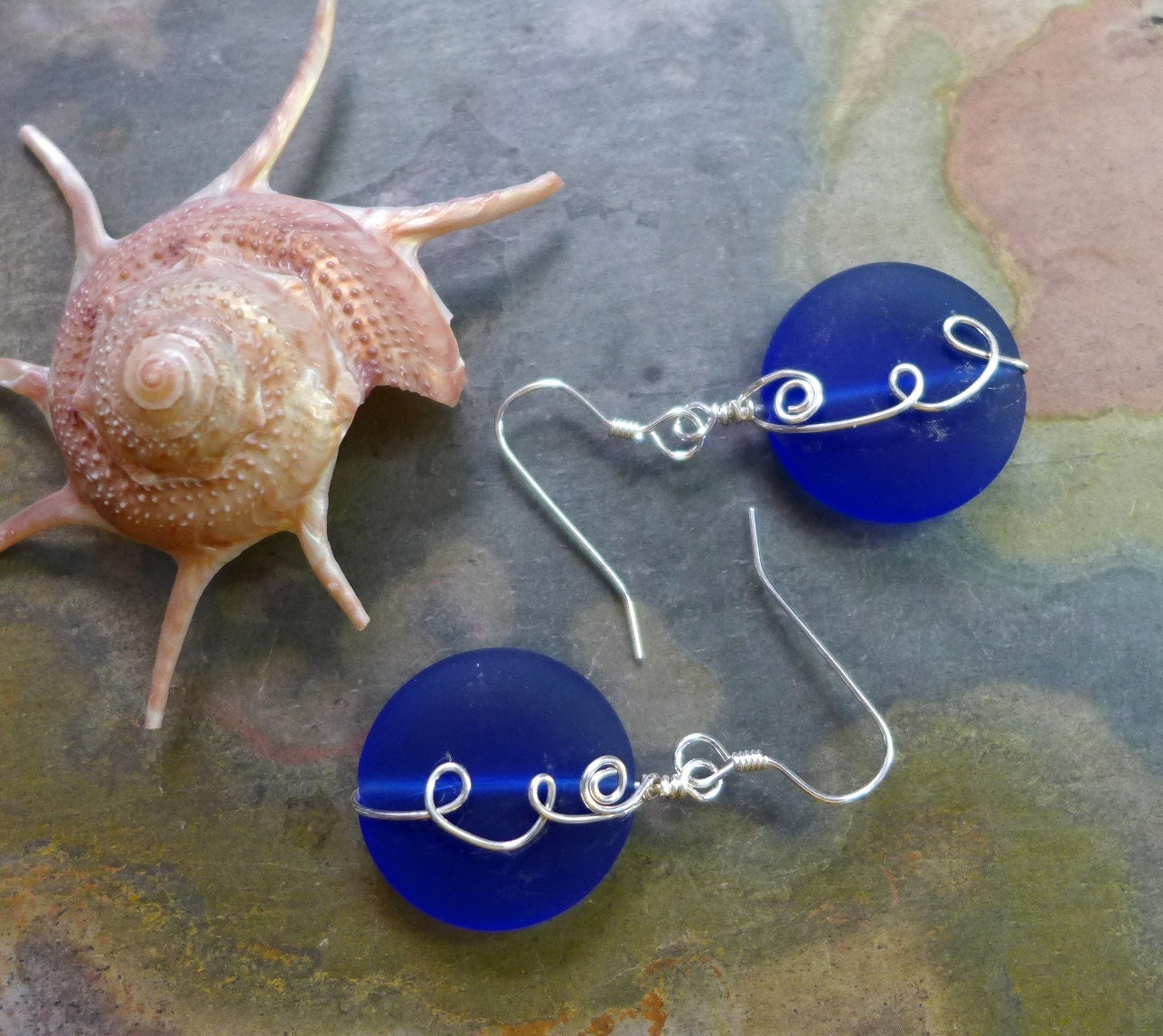 Swirly Cobalt Blue Sea Glass Earrings in Sterling Silver, Wired Cobalt Blue Sea Glass Earrings,Nautical Earrings,Blue Glass Dangle Earrings