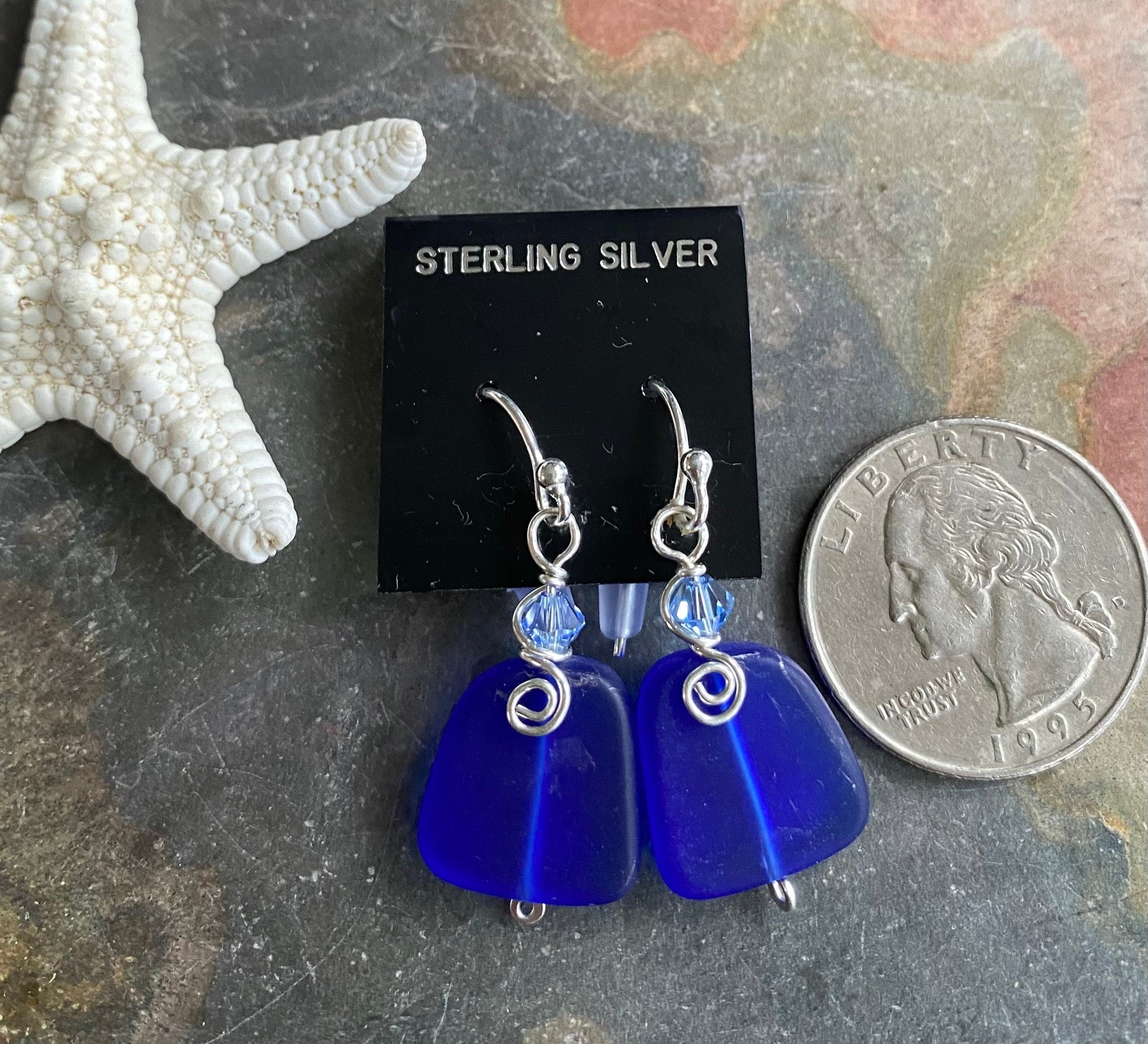 Cobalt Blue Beach Glass Earrings in STERLING SILVER, Blue Sea Glass Earrings,Beach Weddings, Beach Glass Jewelry, Cobalt Sea glass Earrings,