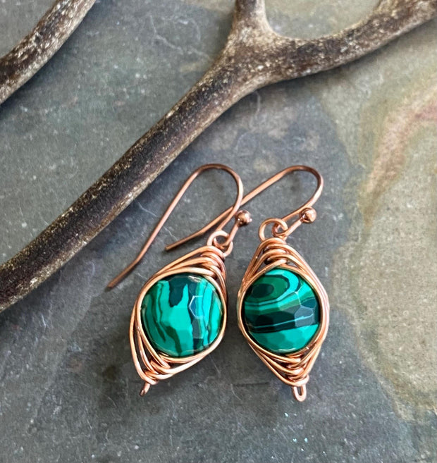 Handmade Green Malachite Earrings, Wire Wrapped Malachite Dangling Earrings in Natural Copper, Green Malachite Copper Jewelry,