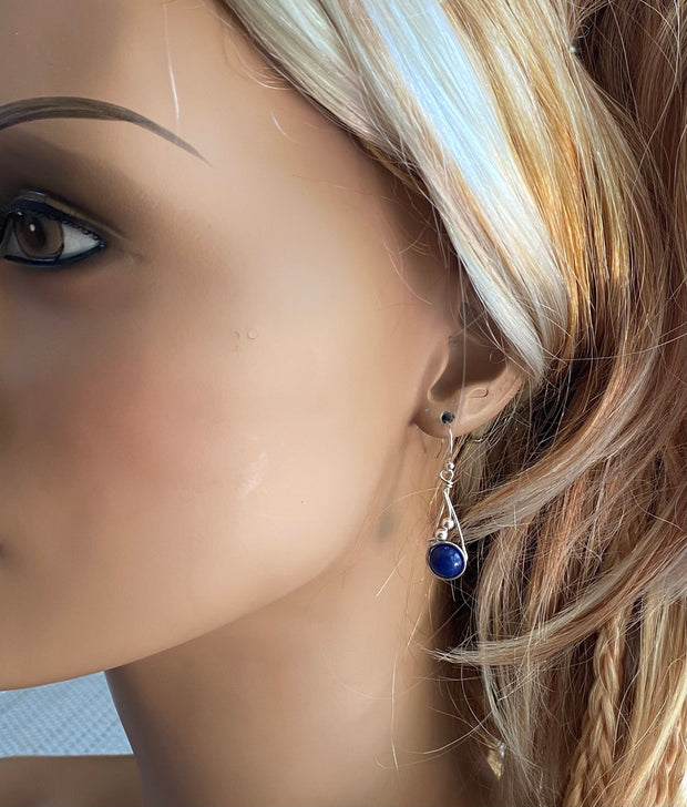 Fancy Swirl Lapis Lazuli Earrings in Sterling Silver, September Birthstone Earrings, Lapis Jewelry, Blue Lapis Dangling Earrings,