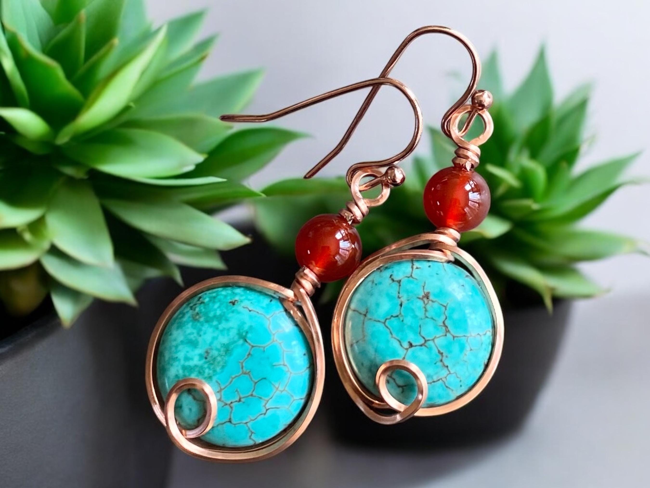 Turquoise Carnelian Earrings in Copper, Wire Wrapped Howlite Turquoise  Dangle Earrings,   Rustic Jewelry, Handmade Jewelry, Gifts for Women