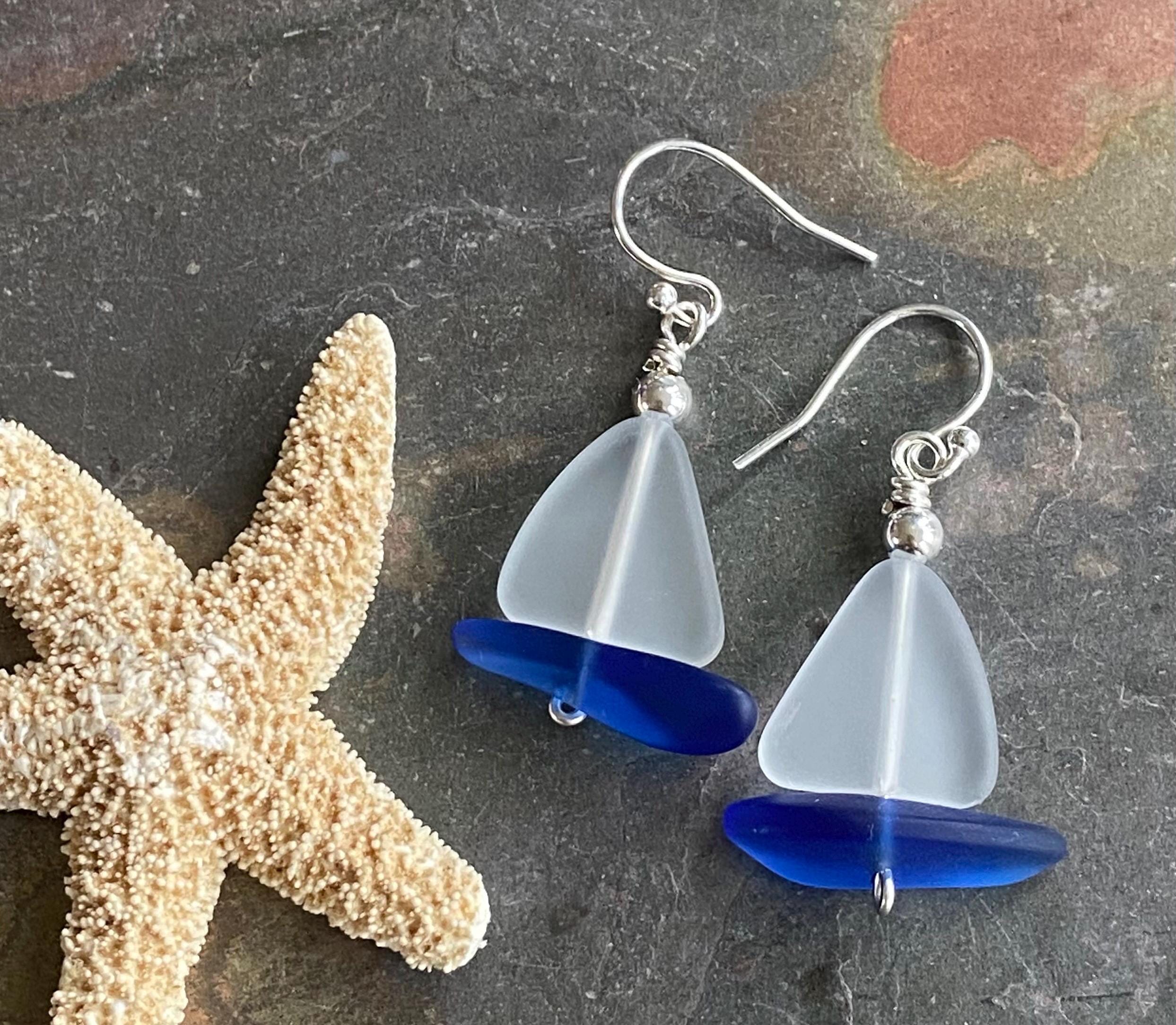 White Sea Glass Sailboat Earrings in Sterling Silver, Ocean-Inspired Beach Glass Sailboat Necklace and Earring SET,  Nautical Beach Jewelry"