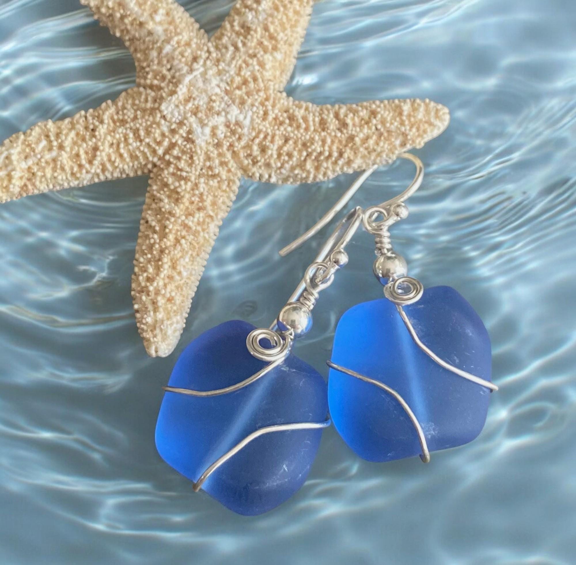 Sterling Silver Blue Sea Glass Earrings,Sky Blue Sea Glass Earrings, Blue Sea Glass Earrings, Beach Jewelry,  Blue  Glass Dangling  Earrings