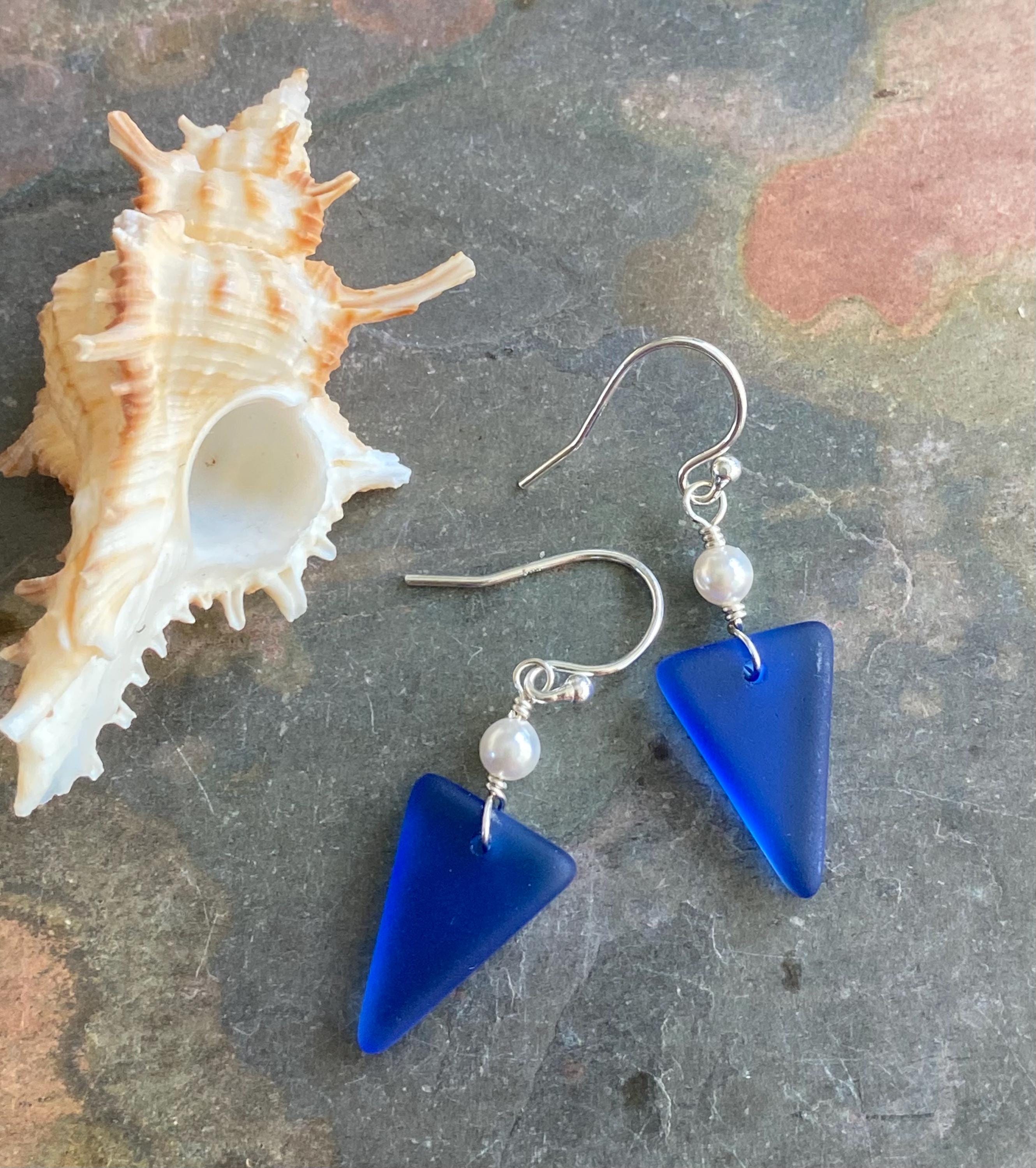 Blue Sea glass Triangle designed Earring in Sterling Silver, Wire Wrapped Sea Glass Earrings, Everyday Casual Dangling Blue Earrings,