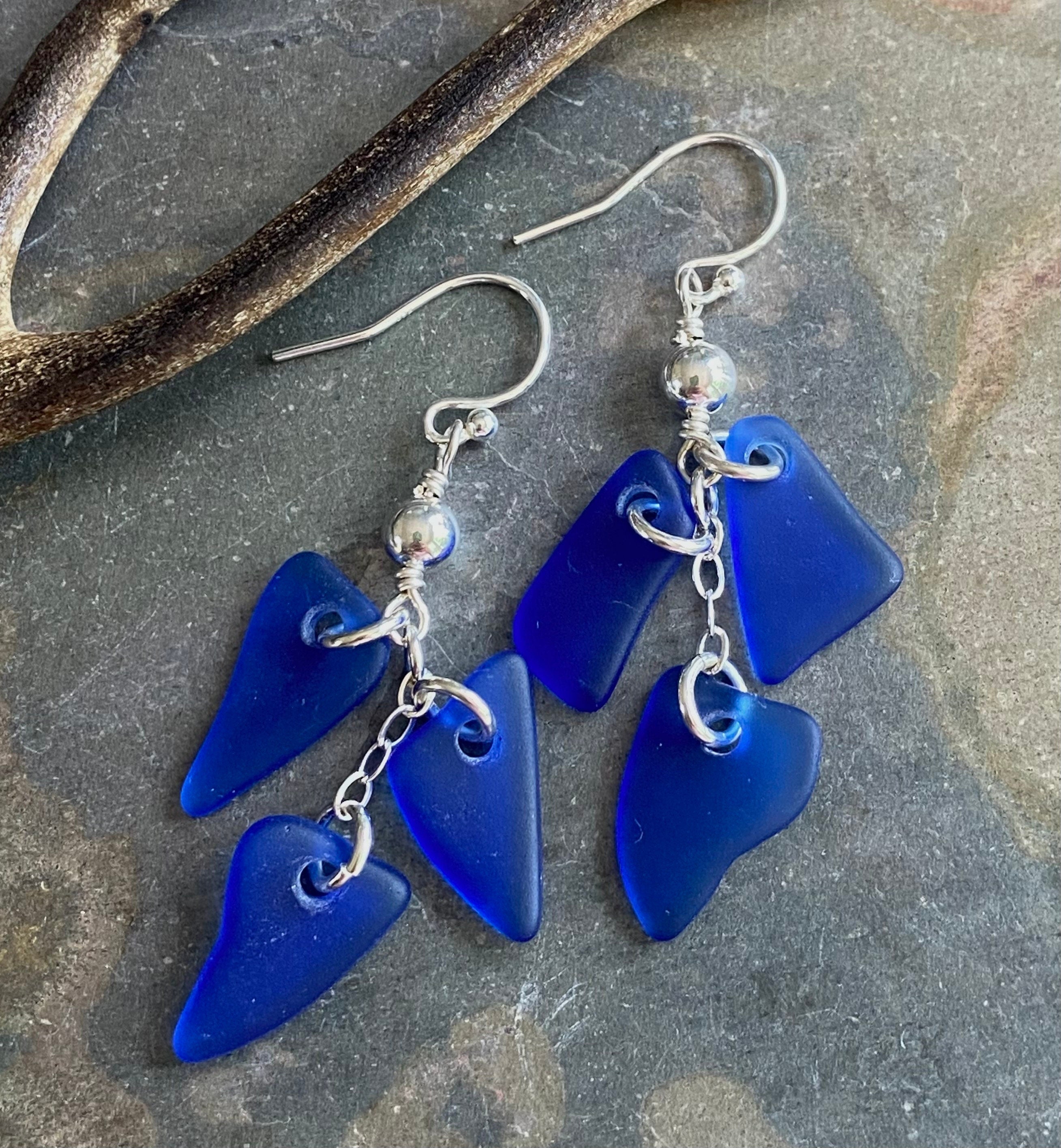 Blue Sea Glass Earrings in Sterling Silver, Cobalt Blue Sea Glass Dangling Earrings, Beach Wedding Jewelry, Coastal Ocean Inspired Jewelry