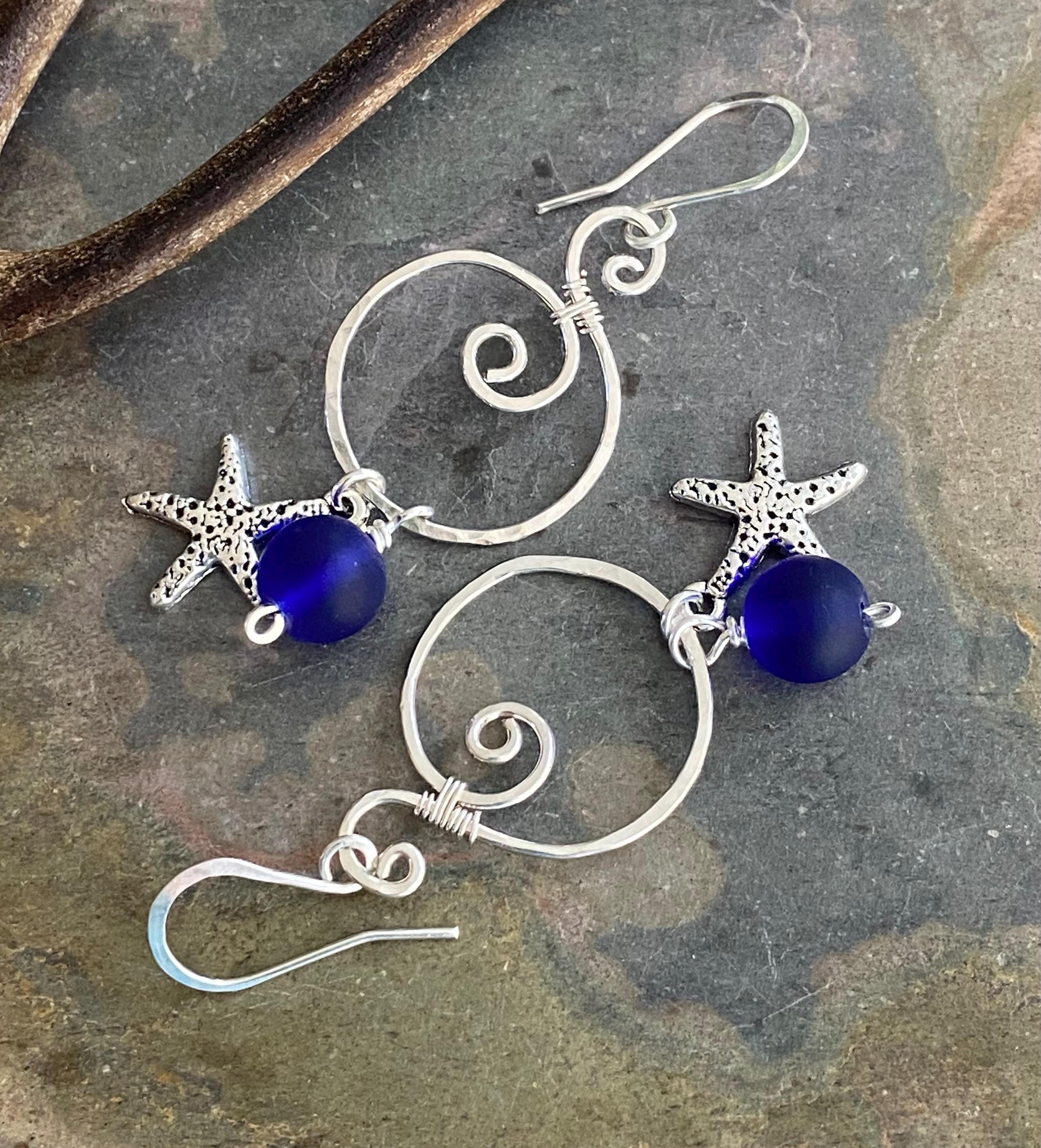 Blue Sea Glass Starfish Silver Charm Dangling Earrings, Spiral Design Sea Glass Nautical Design Earrings, Coastal Ocean Theme Earrings