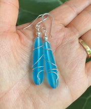 Pacific Blue Dangle Earring, Wire Wrap Blue Sea Glass in Sterling Silver, Sea Glass Beach Jewelry Summer Accessory, Ocean Theme Coastal Gift