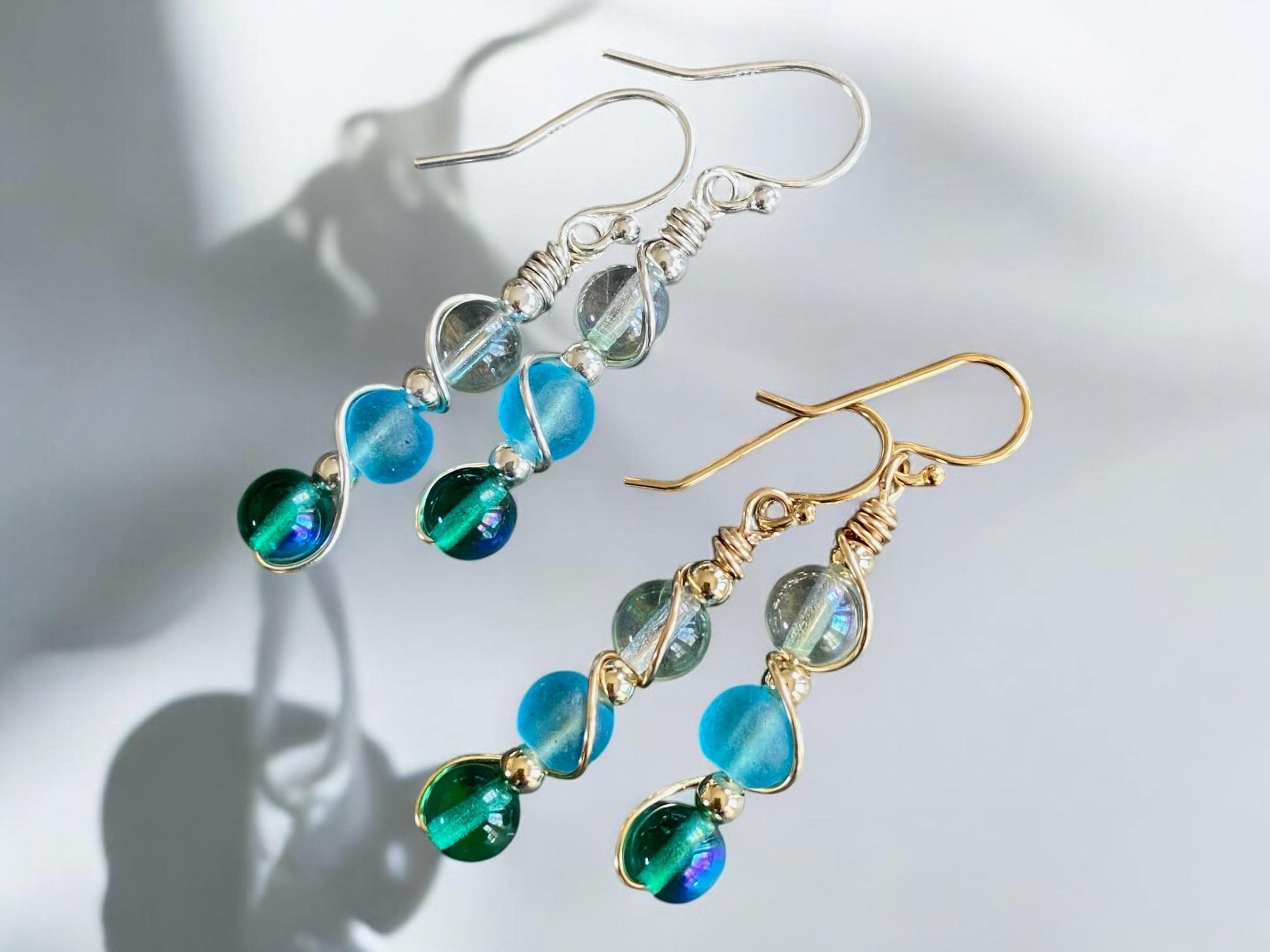 Wire wrapped Sea Glass Jewelry in Sterling Silver, Sea Glass Silver Earrings, Dangling Earrings ,Beach Weddings, Sea Glass  earrings