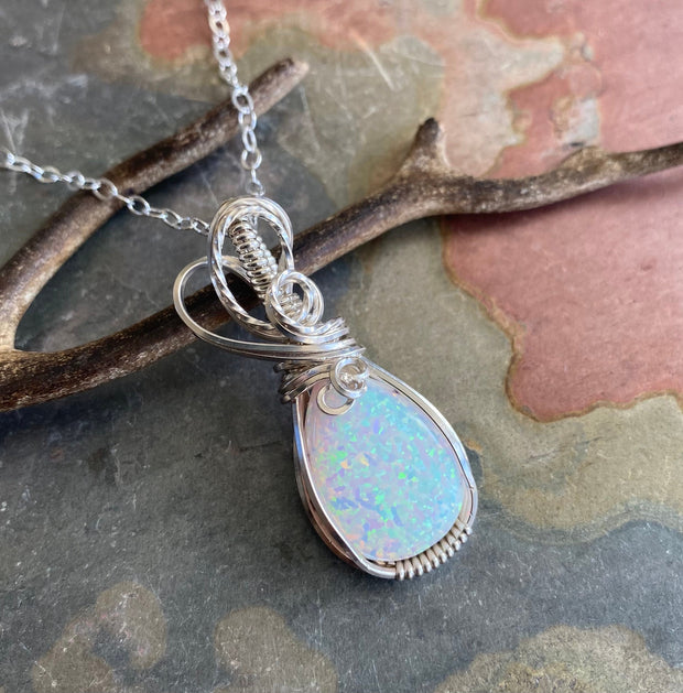 White Opal Necklace, STERLING SILVER October Opal Birthstone Necklace,Wire Wrapped Opal Necklace ,Lab Created White Opal Necklace,