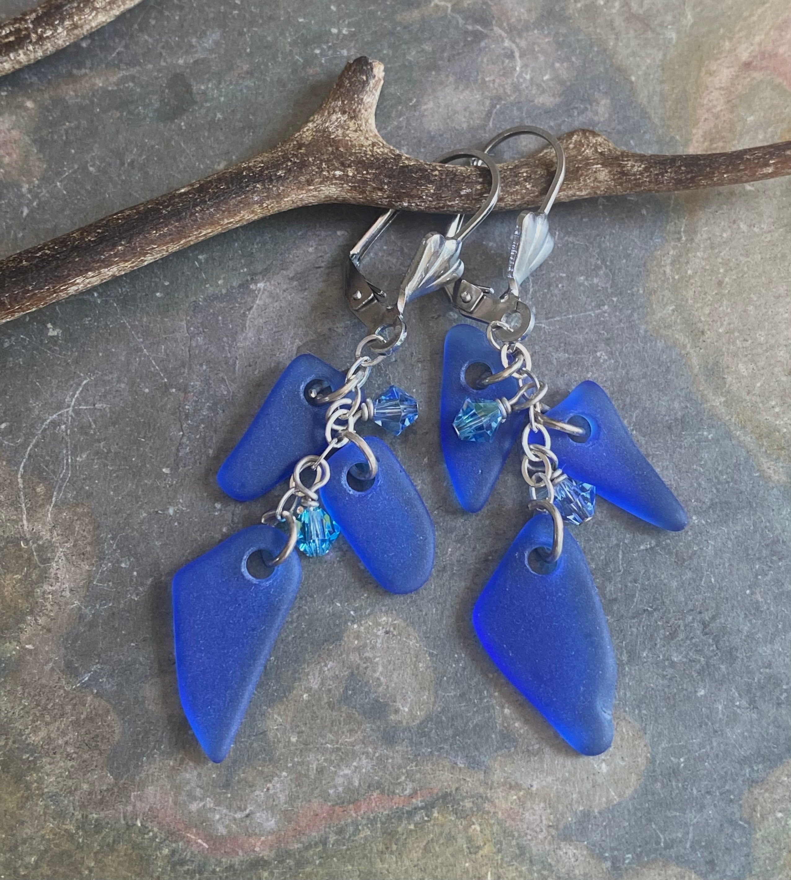Blue Sea Glass Earrings in Sterling Silver, Blue Sea Glass Dangle Earrings, Beach Weddings, Blue earrings, Cobalt Sea glass Earrings,