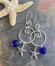 Handmade Sea Glass Starfish Silver Charm Dangling Earrings, Spiral Design Sea Glass Nautical Design Earrings, Coastal Ocean Theme Earrings