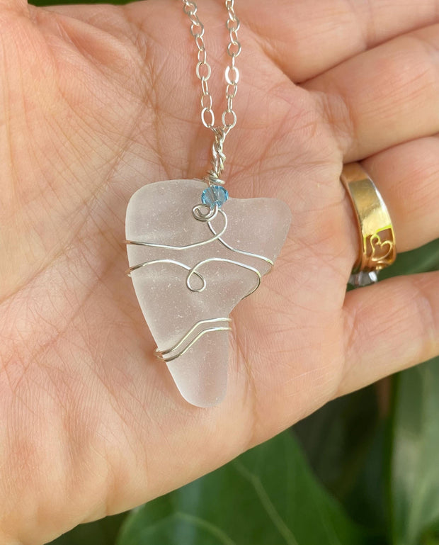 Genuine White Beach Glass Necklace, Wire Wrapped Naturally Tumbled Sea Glass Necklace, White Sea Glass Pendant Necklace in Sterling Silver