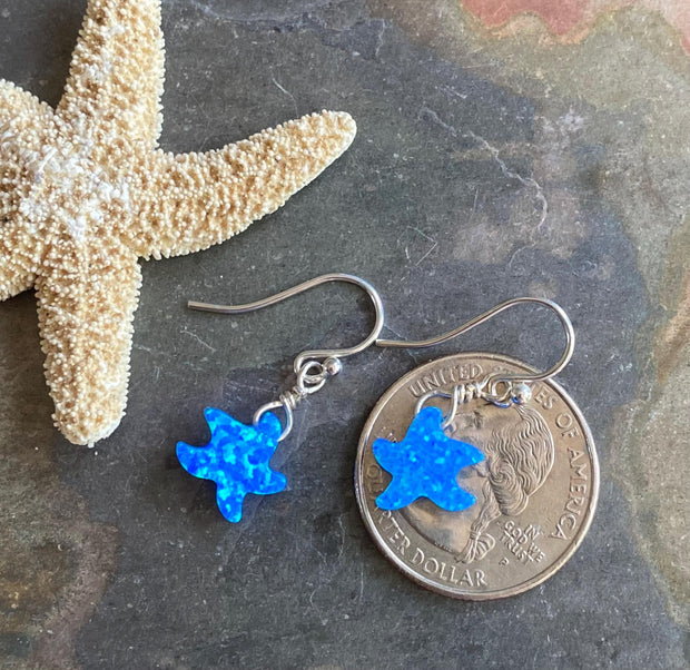 Starfish Earrings in Sterling Silver, Beach Style Summer Jewelry, Summer Vibes Ocean Theme Opal Starfish  dangling Earrings, Opal Earrings
