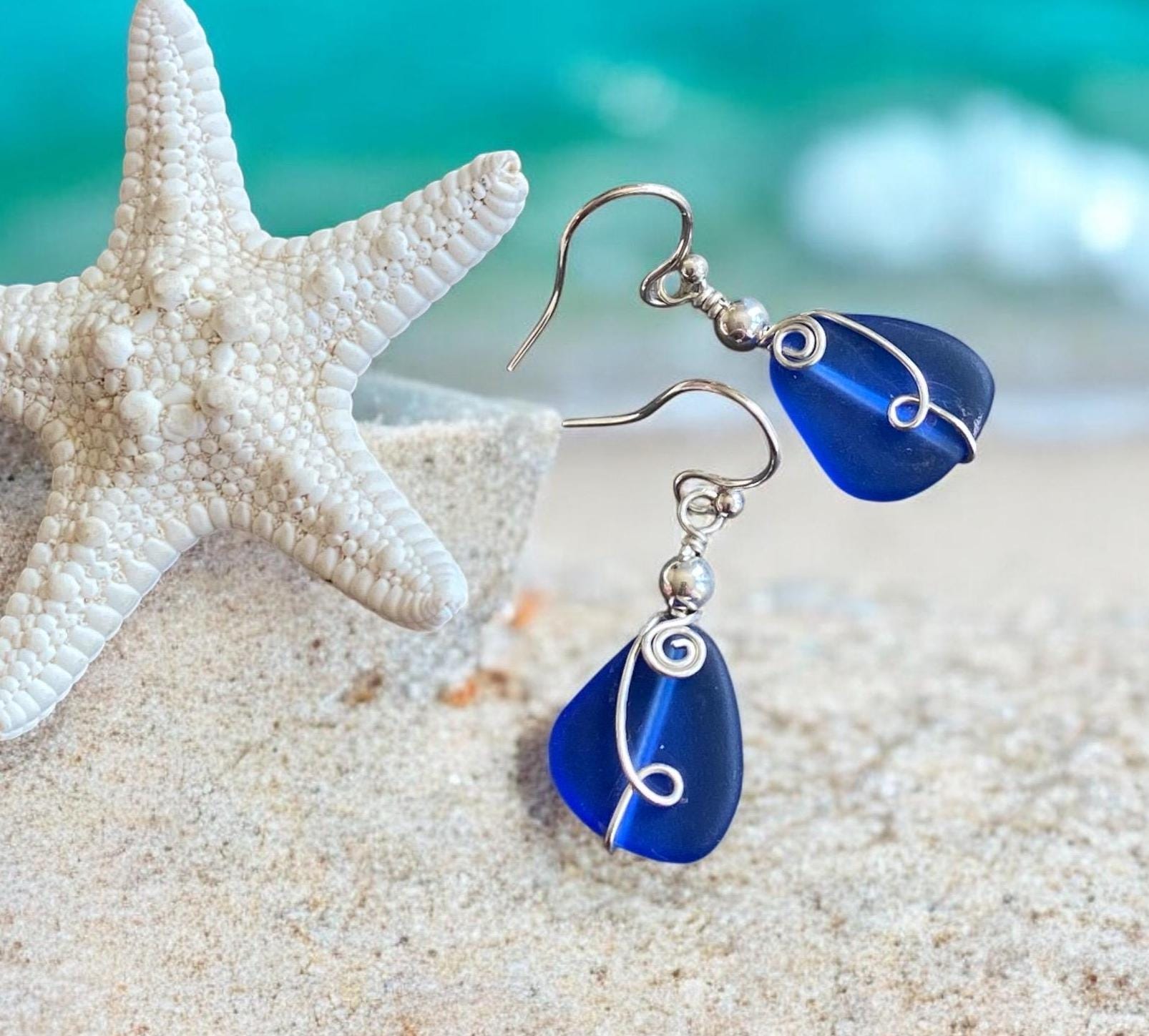 Wire Wrapped handmade Blue Sea Glass Earrings, Blue Sea Glass Earrings in STERLING SILVER, Beach Glass Jewelry, Sea glass Dangling Earrings,