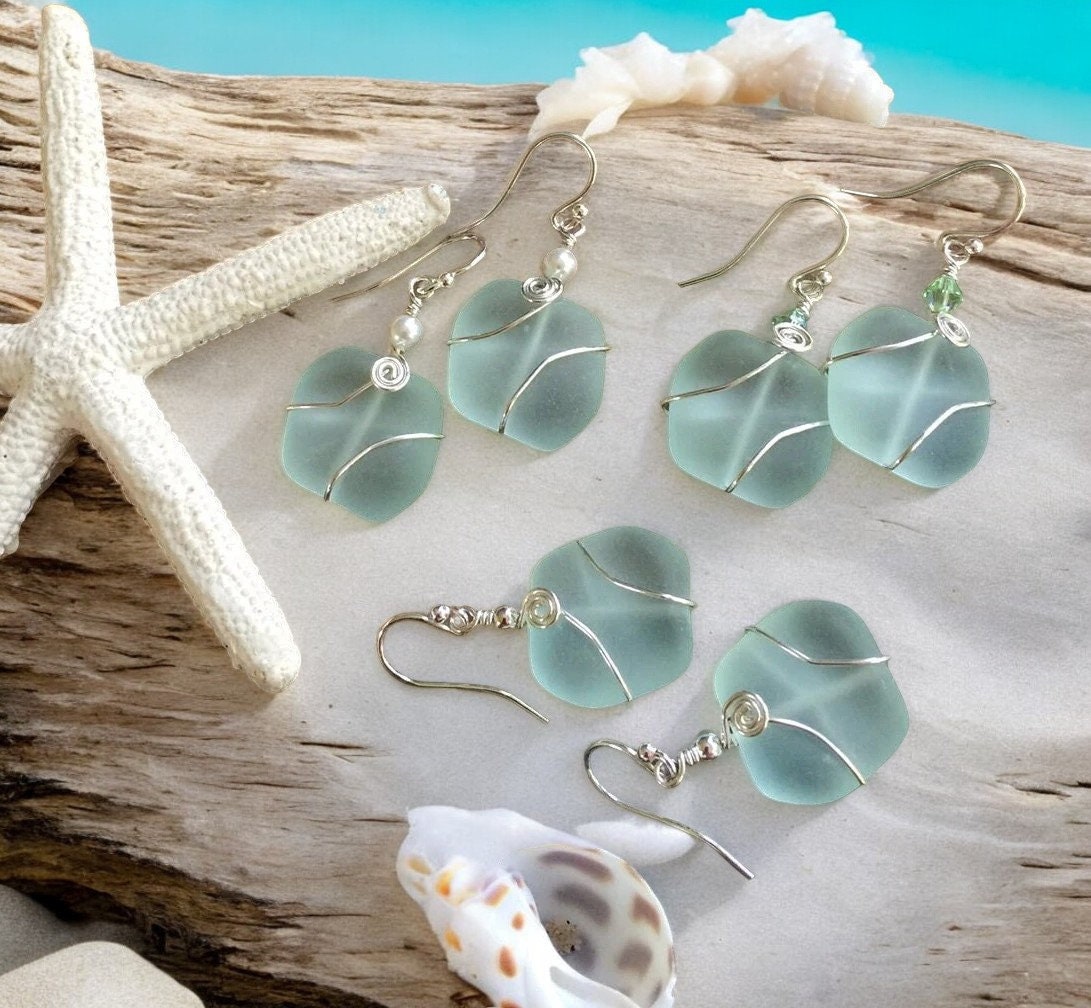 Seafoam Green Sea Glass Silver Earrings-Green  Recycled Glass Earrings in Sterling silver Earwires, Beach Weddings, Sea Glass  earrings