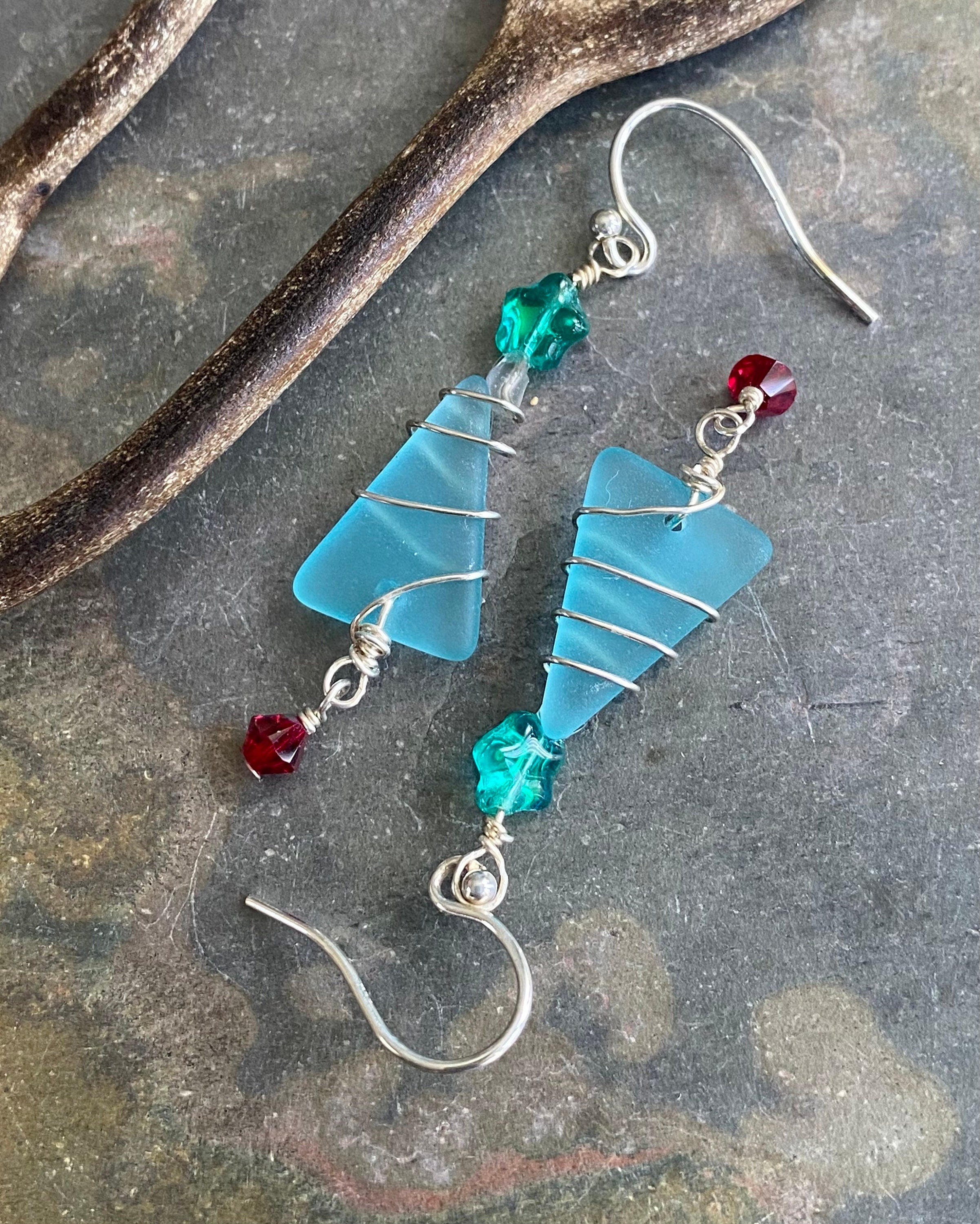 Christmas Tree Earrings, Ready Ship in ONE day, Sea Glass dangling Earrings, Beach Glass Christmas Tree Earrings, Holiday Gifts for Her,