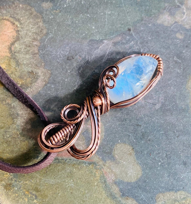 June Birthstone Pendant Necklace, Rainbow Moonstone Necklace,Wire Wrapped Moonstone Jewelry, Antiqued Copper Blue flashMoonstone Jewelry,