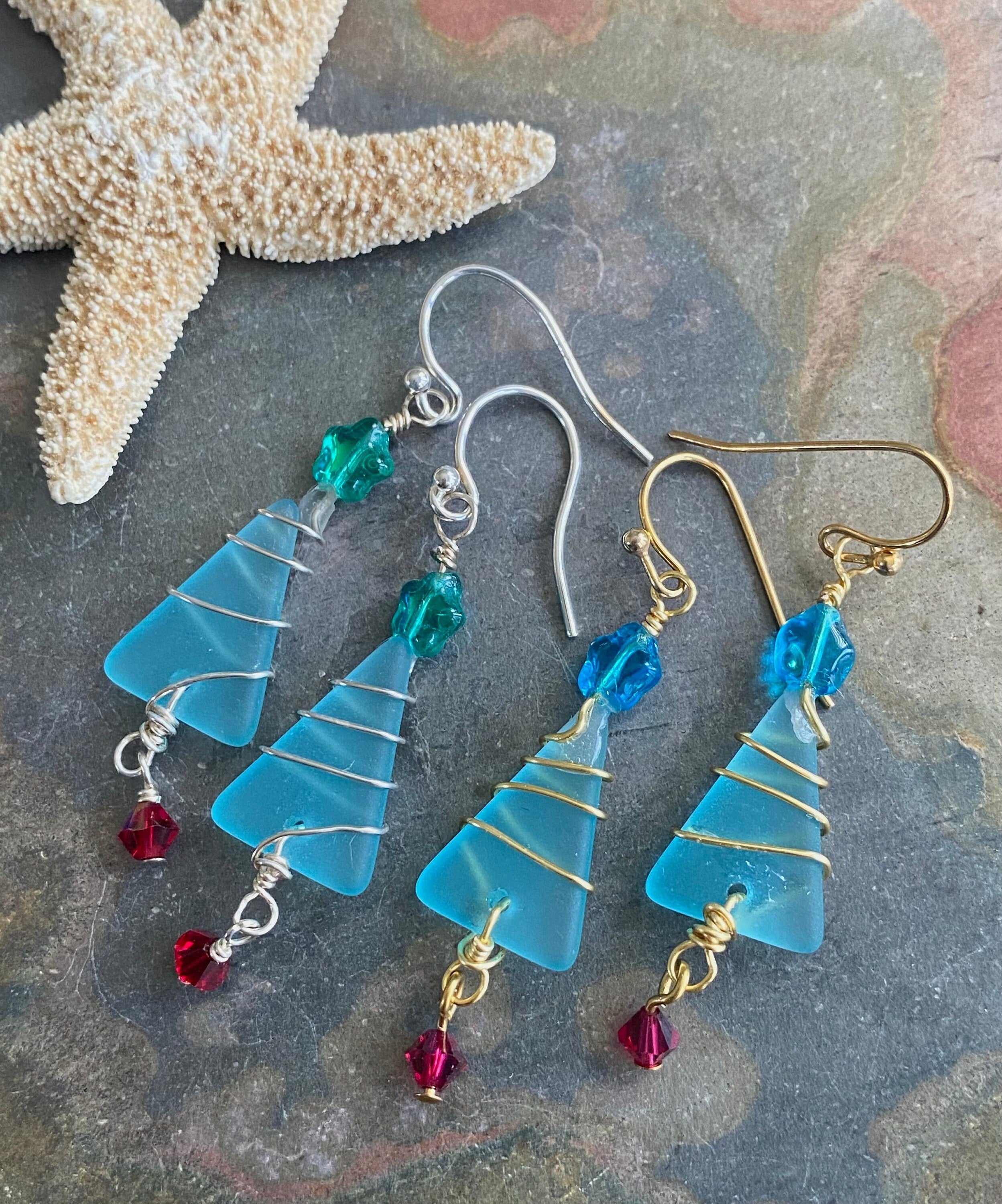 Christmas Tree Earrings, Ready Ship in ONE day, Sea Glass dangling Earrings, Beach Glass Christmas Tree Earrings, Holiday Gifts for Her,