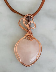 Wire Wrapped Rose Quartz Pendant,Rose Quartz Copper Necklace,Pink Rose Quartz Jewelry, Healing Gemstone ,Grandmas Gift, Rose Quartz Heart