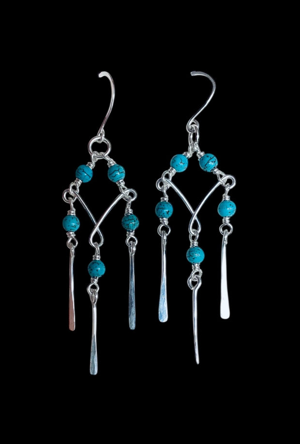 Turquoise Dangling Earrings in Sterling Silver, Chandelier Earrings with Howlite Turquoise, Turquoise Earrings, Statement Earrings,