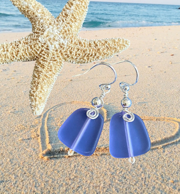 Periwinkle Sea Glass Earrings in STERLING SILVER, Sea Glass Earrings,Beach Weddings, Beach Glass Jewelry, Wired Sea glass Earrings,