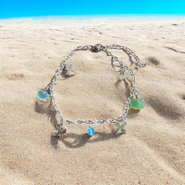 Sea Glass Dragonfly Charm Ankle Bracelet, Blue Sea Glass Anklet, Beach Foot Jewelry, Summer Fashion Beach Ankle, Anklet Gift for All Ages