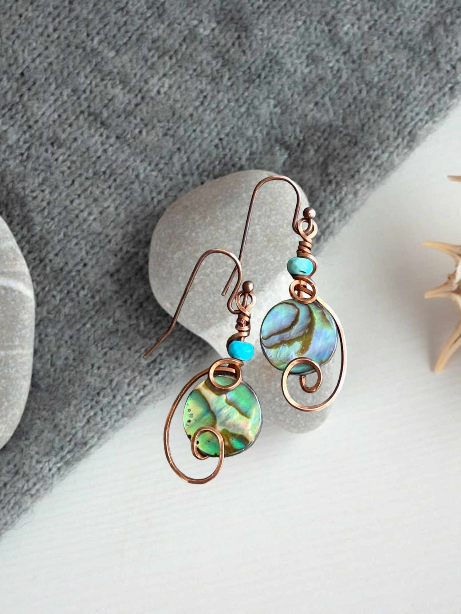 Abalone Earrings, Wire Wrapped Abalone Earrings in Antiqued Copper Wire, Abalone Paua Shell Earring, Abalone Shell Jewelry,