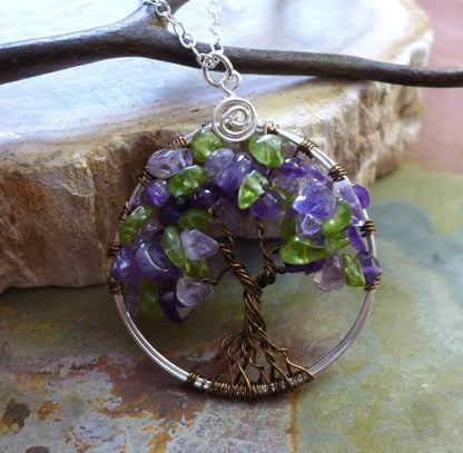 Mother's Day Gift, Ready Ship in ship in 1 to 2 days,Amethyst/Peridot Tree of Life, February/Peridot Family Birthstone Tree of life Pendant
