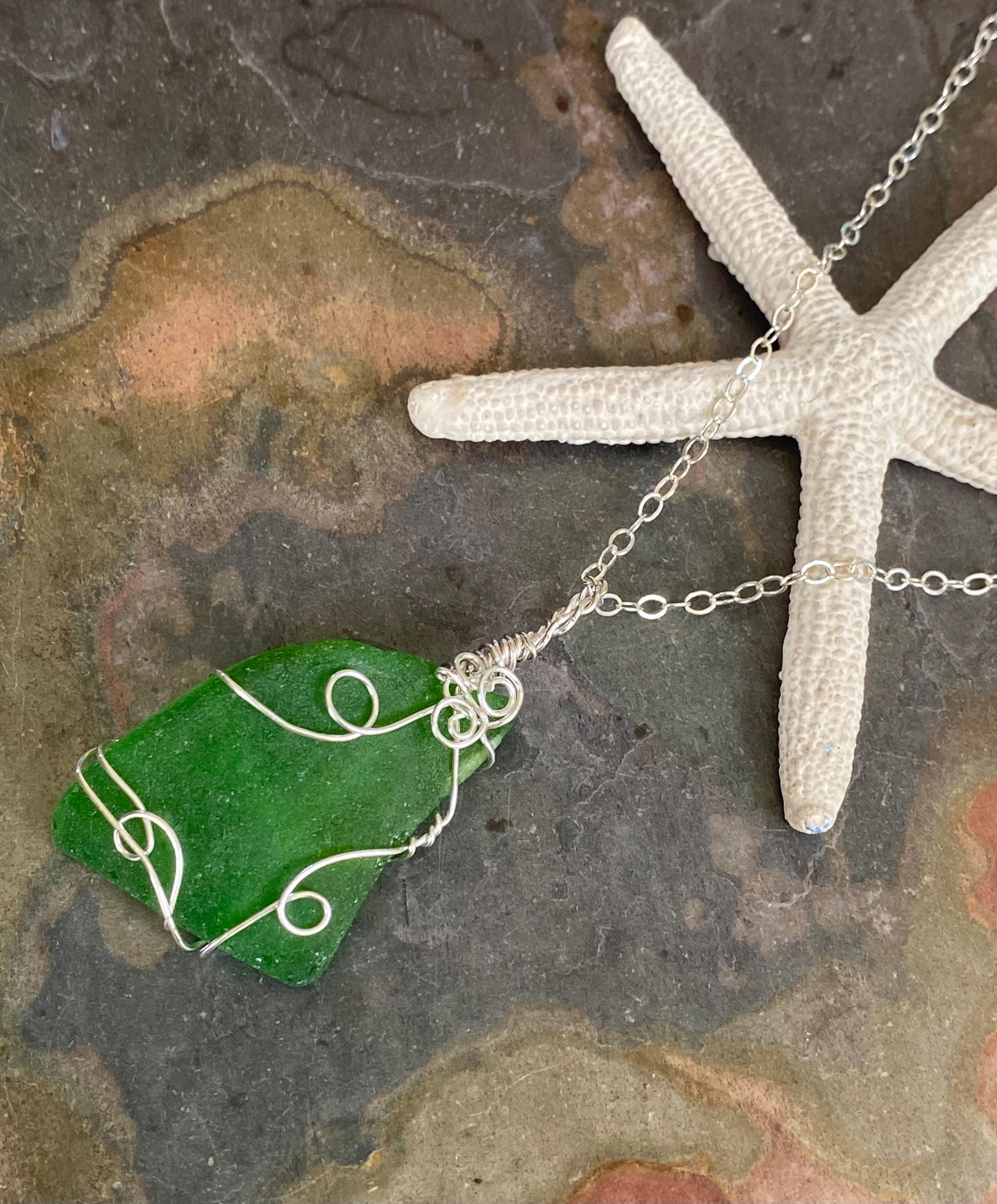 Green Beach Glass Necklace in Sterling Silver, Wire Wrapped Genuine Green Beach Glass Necklace, Sea Glass Jewelry, Ocean Treasure Necklace
